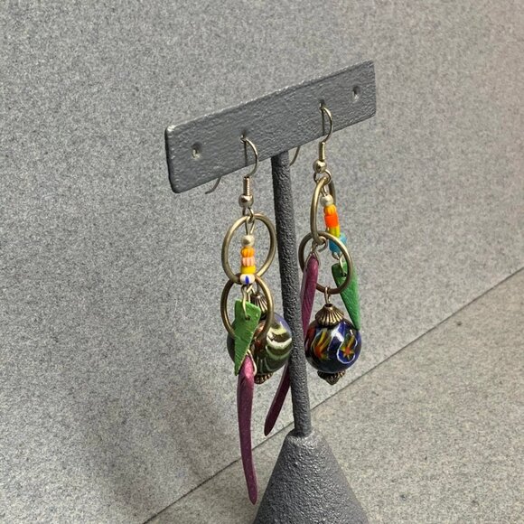 Asymmetrical Dangle Pierced Earrings Silver Green Purple Blue Orange Yellow Red - Picture 2 of 4
